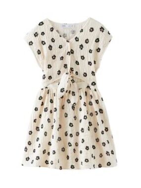 Zara Girls Floral Cutout Knotted Textured Dress Ecru Black Size 7 Cotton